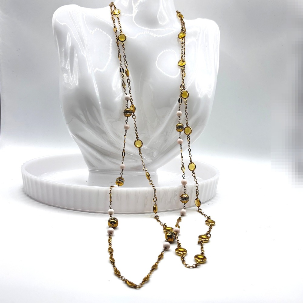 Victorian Coquette Long Station Necklace J.Crew OS Gold Yellow Pink Crystal
